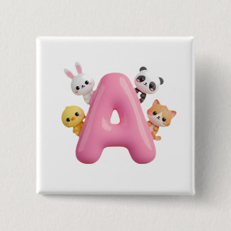 Chapa Cuadrada Bosque de Animales Letra A Globo Rosa 3D Cuadrado