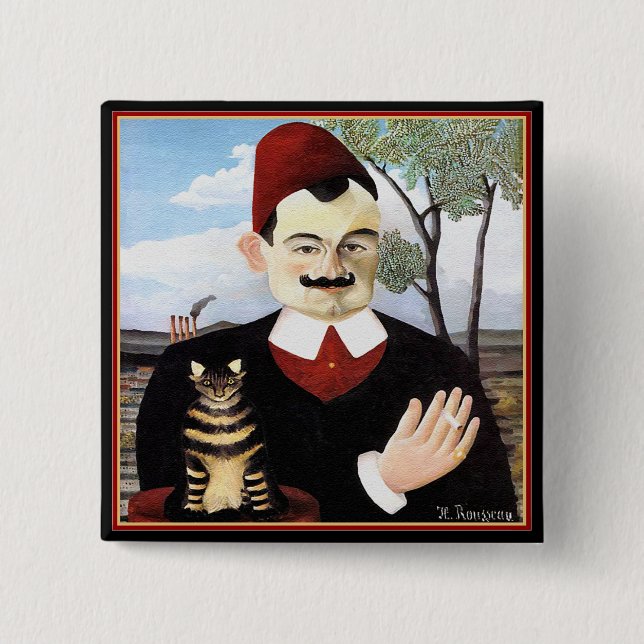 Chapa Cuadrada Botón: "Hombre y gato" por Henri Rousseau (Anverso)