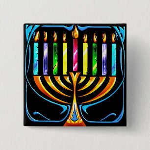 Chapa Cuadrada Botón: Jánuca Menorah - Chanukah Menorah