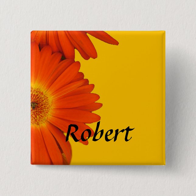 Chapa Cuadrada botones de flores de gerbera margarita naranja. (Anverso)