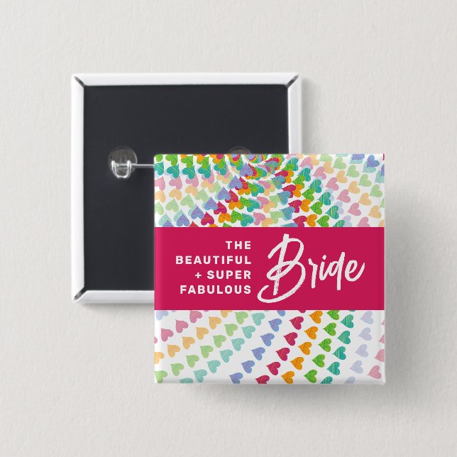 Chapa Cuadrada BRIDE Rainbow Hearts Sprinkles Boda Etiqueta de no (Anverso y reverso)