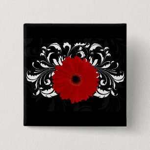 Chapa Cuadrada Brillante Red Gerbera Daisy sobre negro
