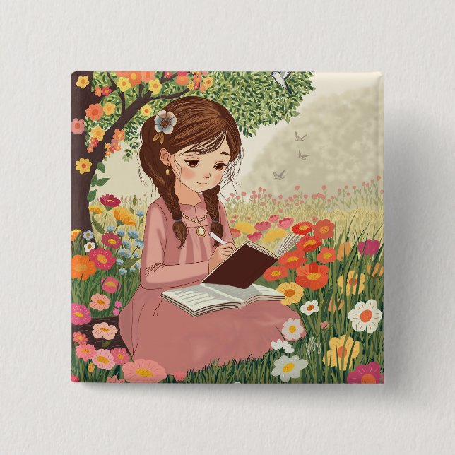 Chapa Cuadrada Broche Botton quadrado Menina no Jardim (Anverso)