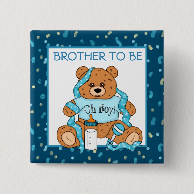Chapa Cuadrada Brother to be Blue Teddy Bear Baby Shower (Anverso)