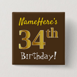 Chapa Cuadrada Brown, Faux Gold 34th Birthday, With Custom Name
