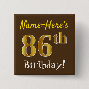 Chapa Cuadrada Brown, Faux Gold 86th Birthday, With Custom Name