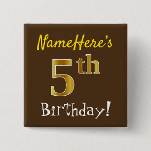 Chapa Cuadrada Brown, Faux Gold Quinto Cumpleaños, Con Nombre Per