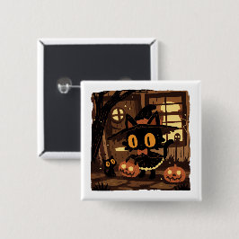 Chapa Cuadrada Bruja de gato negro con cubo de calabaza