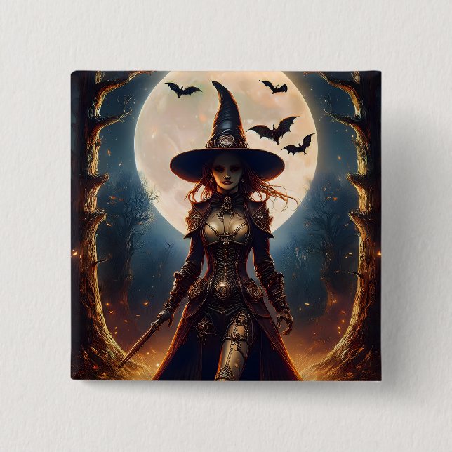 Chapa Cuadrada Bruja del Bosque Steampunk de Halloween (Anverso)