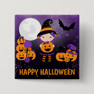 Chapa Cuadrada Bruja niña linda y calabazas feliz Halloween
