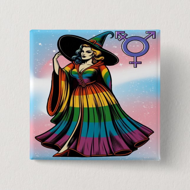 Chapa Cuadrada Bruja Transgénero En Ropa De Bandera Arcoiris (Anverso)