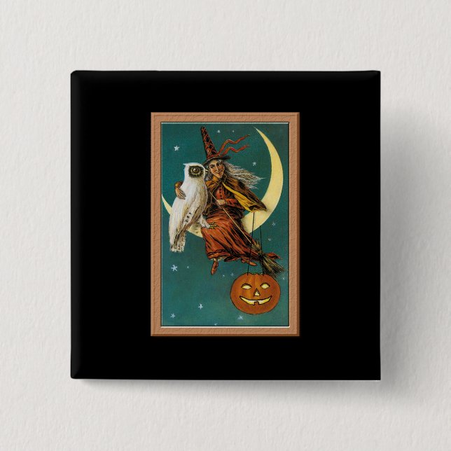 Chapa Cuadrada Bruja y búho nostálgico feliz Halloween (Anverso)