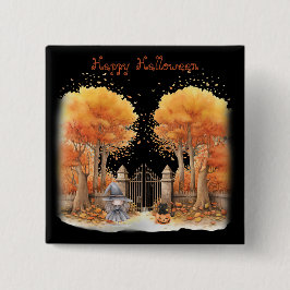 Chapa Cuadrada Bruja y gato fuera de la puerta Halloween
