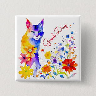Chapa Cuadrada Buen Día Gato y Flores en Acuarela