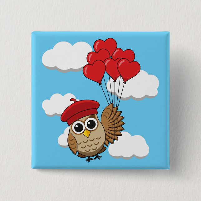 Chapa Cuadrada Búho lindo volando con globos cardíacos (Anverso)