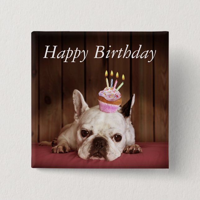 Chapa Cuadrada Bulldog francés con la magdalena del cumpleaños (Anverso)