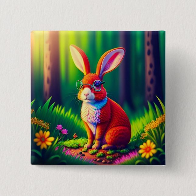 Chapa Cuadrada Bunny rojo sentado en la hierba (Anverso)