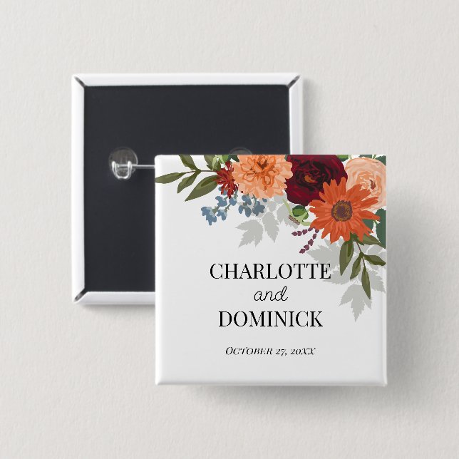 Chapa Cuadrada Burgundy Fall Garden Boda Floral (Anverso y reverso)