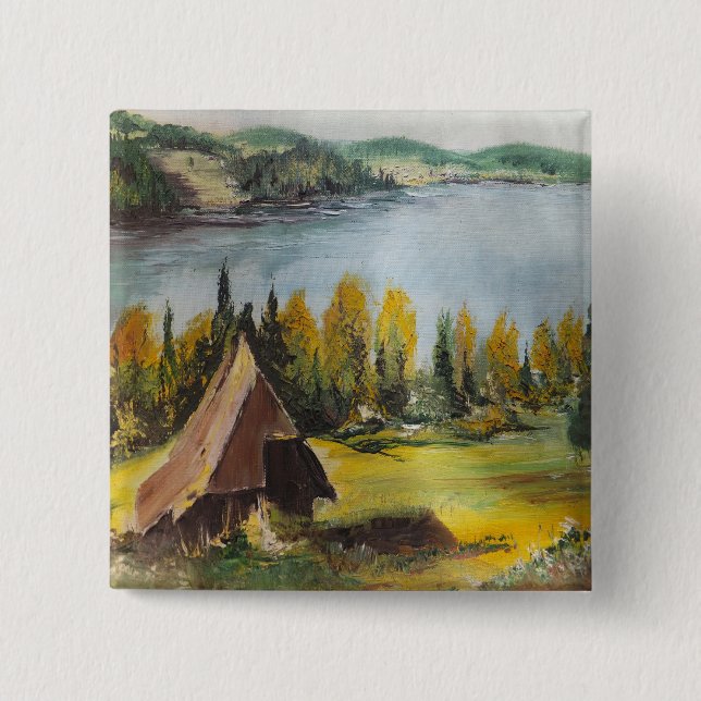 Chapa Cuadrada Button Ann Hayes Pintando Chalet En El Lago (Anverso)