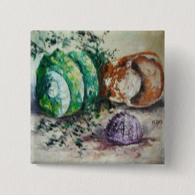 Chapa Cuadrada Button Ann Hayes pintando conchas marinas (Anverso)