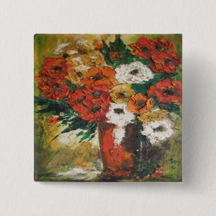 Chapa Cuadrada Button Ann Hayes Pintando Flores Rojas Mezcladas