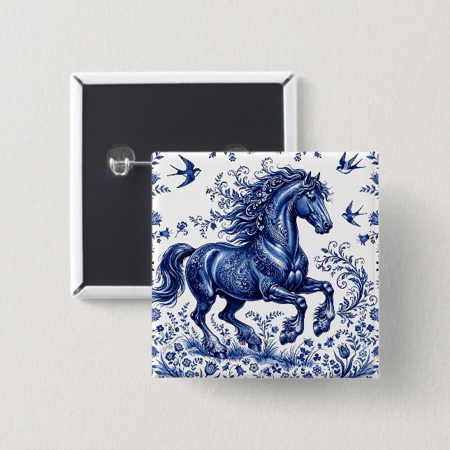 Chapa Cuadrada Caballo frisón al estilo Delftware en prado (Anverso y reverso)