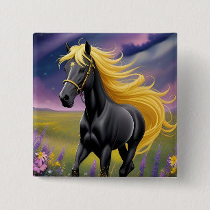 Chapa Cuadrada Caballo negro majestuoso con melena dorada fluida