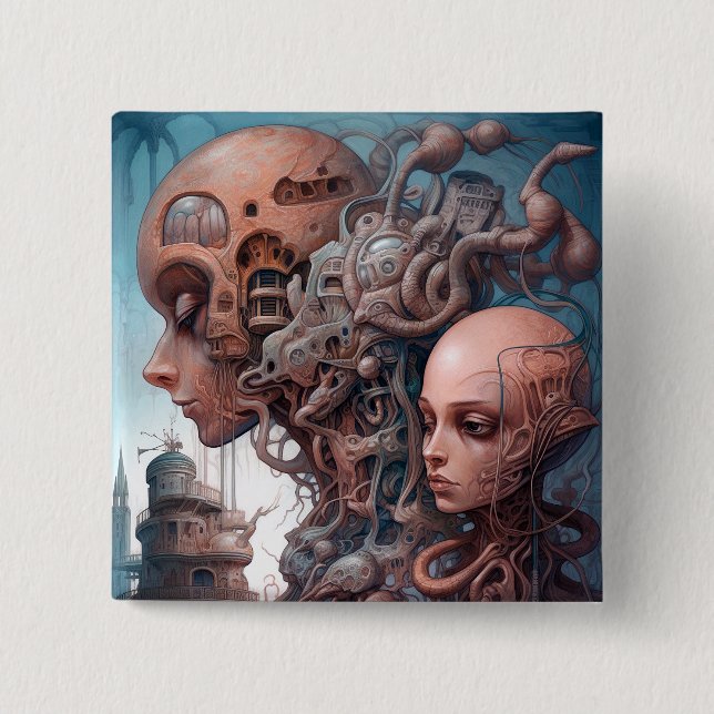 Chapa Cuadrada Cabezas Biomecánicas Arte de Ciencia Ficción Surre (Anverso)