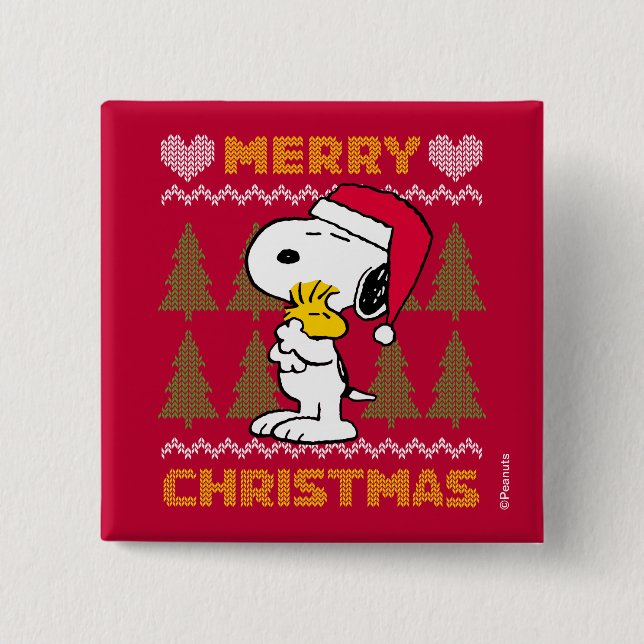 Chapa Cuadrada Cacahuetes | Snoopy & Woodstock Santa Claus Hug (Anverso)