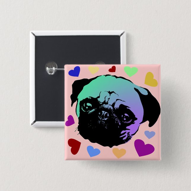 Chapa Cuadrada Cachorro Pug PopArt Estilo Retro (Anverso y reverso)