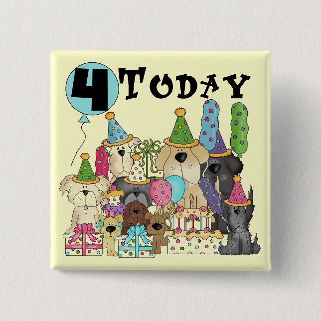 Chapa Cuadrada Cachorros 4º cumpleaños Camisetas y regalos (Anverso)