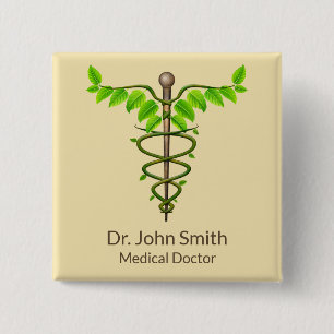 Chapa Cuadrada Caduceo Médico Alternativo Hojas Verdes Beige