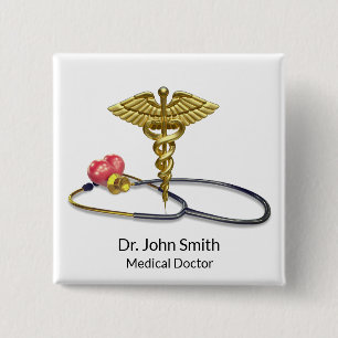 Chapa Cuadrada Caduceo Médico de Oro & Estetoscopio con Corazón