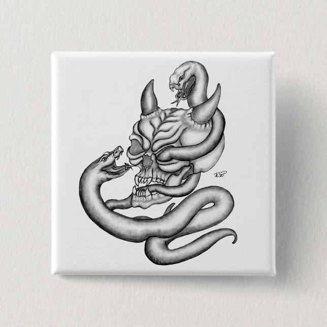Chapa Cuadrada Calavera - cabezas del diablo con serpiente (Anverso)