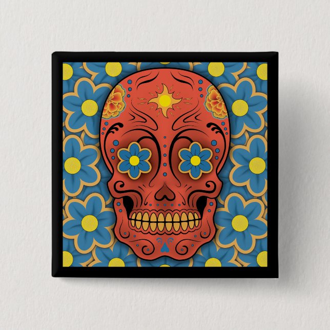 Chapa Cuadrada Calavera de azúcar - Día de los Muertos (margarita (Anverso)