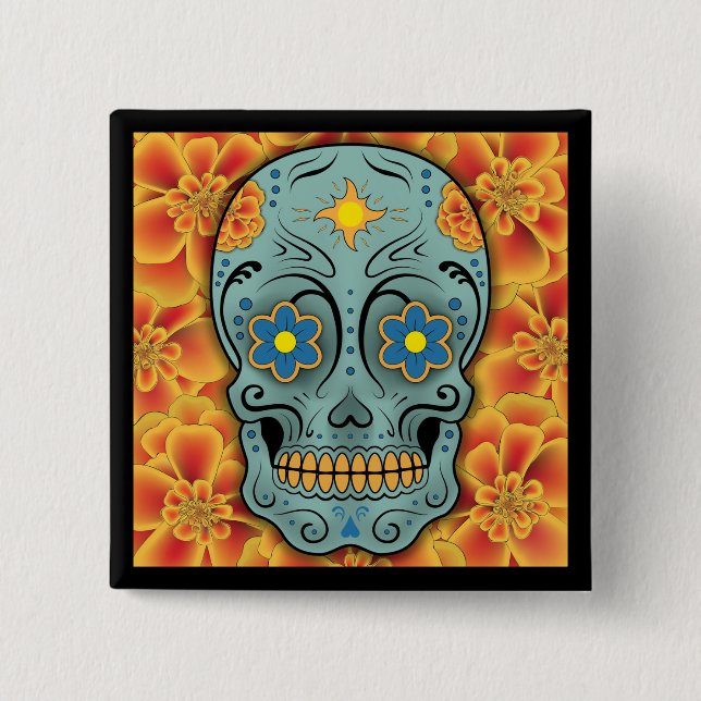 Chapa Cuadrada Calavera de azúcar - Día de los Muertos (Marigold) (Anverso)