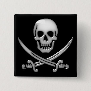 Chapa Cuadrada Calavera pirata y cruces de espadas vidriosas