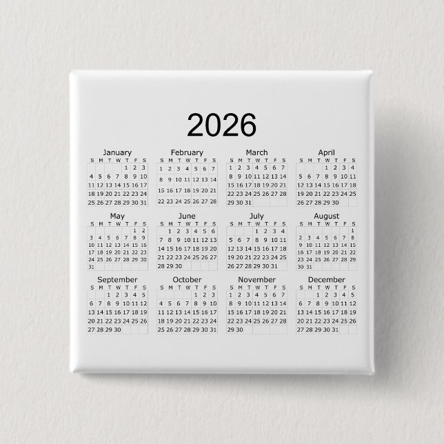 Chapa Cuadrada Calendario minimalista simple 2026 (Anverso)