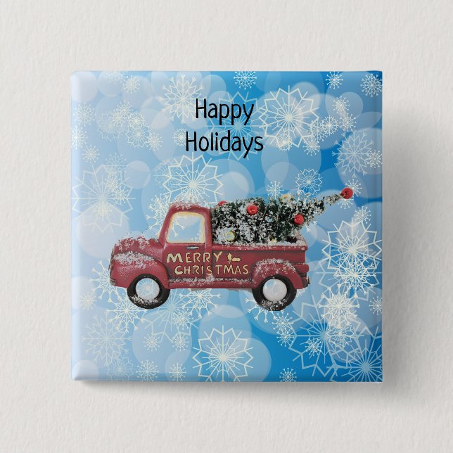 Chapa Cuadrada camión de cosecha roja sobre fondo de copo de niev (Anverso)