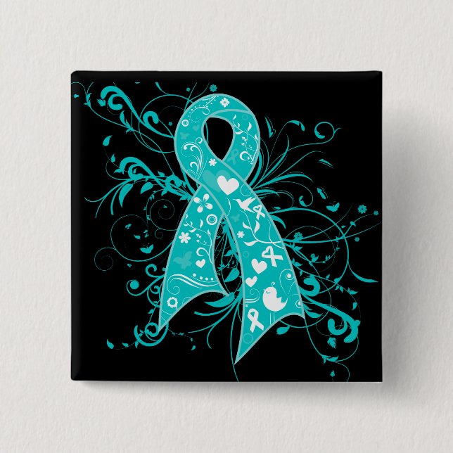 Chapa Cuadrada Cáncer cervical Floral Swirls Ribbon (Anverso)