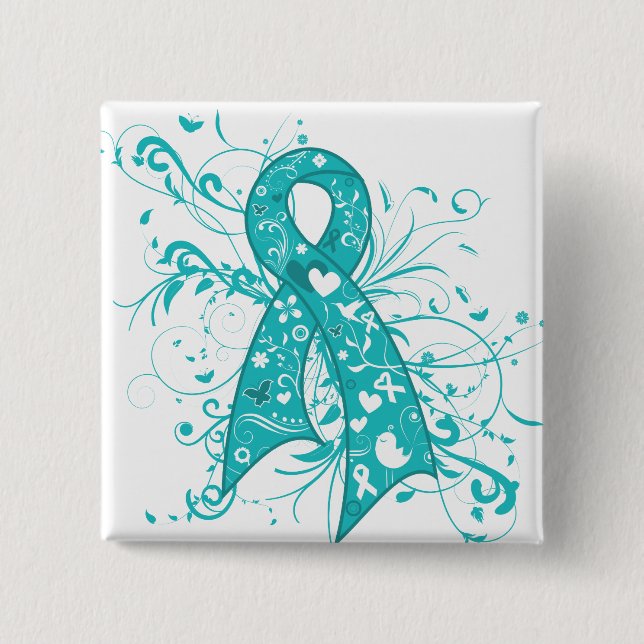 Chapa Cuadrada Cáncer ovárico Floral Swirls Ribbon (Anverso)