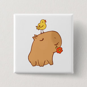 Chapa Cuadrada Capybara lindo con un pájaro a y la flor
