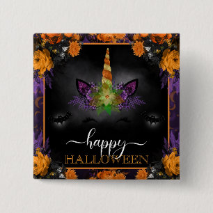 Chapa Cuadrada Cara de Unicornio Floral de Otoño Feliz Halloween