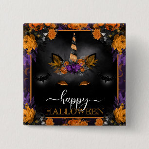 Chapa Cuadrada Cara de Unicornio Floral de Otoño Feliz Halloween