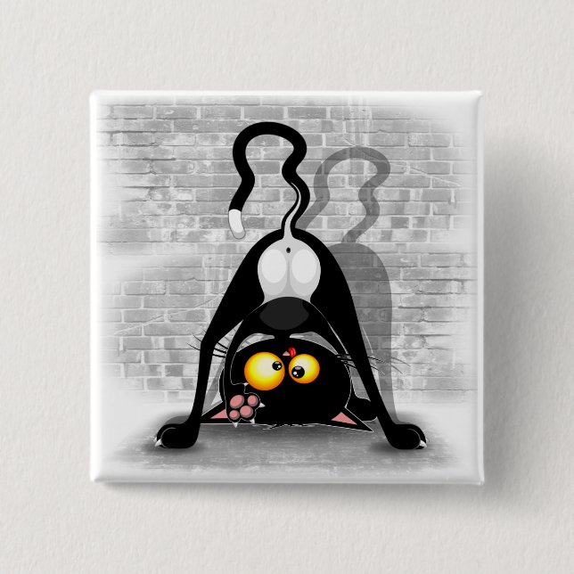 Chapa Cuadrada Caricatura divertida del gato boca abajo (Anverso)