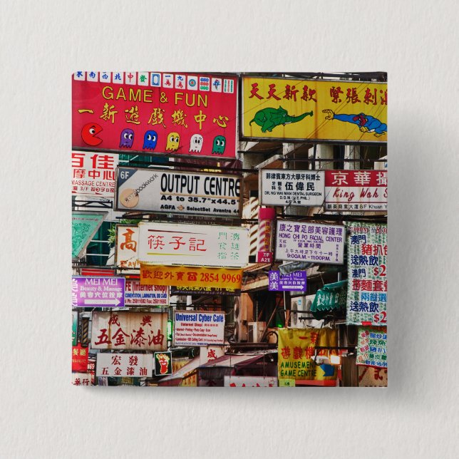 Chapa Cuadrada Carteles de neón en las calles de Hong Kong (Anverso)