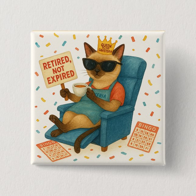 Chapa Cuadrada Cat Mom Retirement is drinking coffee  (Anverso)