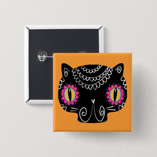 Chapa Cuadrada Catrina de gato de cráneo de azúcar Día de los mue (Anverso y reverso)