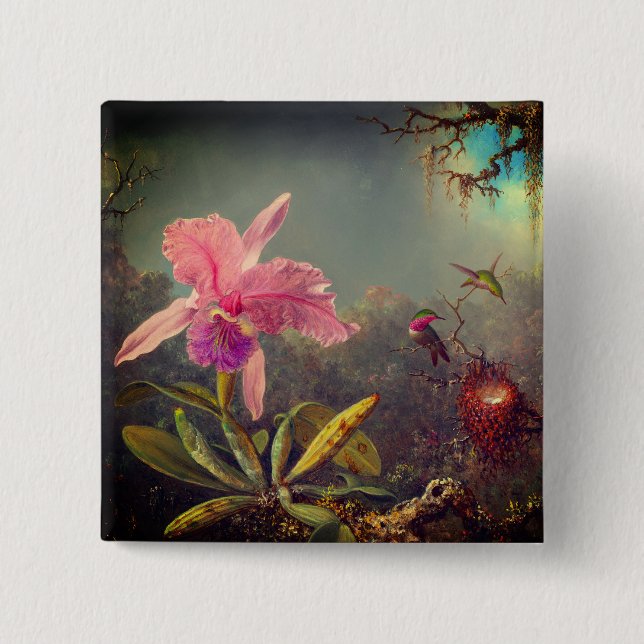 Chapa Cuadrada Cattleya Orchid y tres Hummingbirds Heade (Anverso)