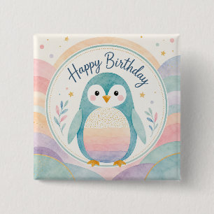 Chapa Cuadrada Celebración de Cumpleaños Pingüino Pastel Arcoíris